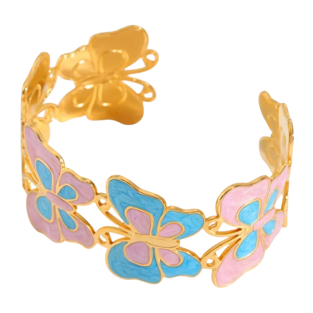 Fashion Jewelry Gold-Tone Pink and Blue Butterfly Cuff Bracelet